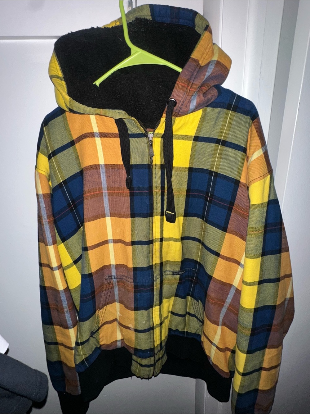 FOX Plaid Hooded Zip-Up Jacket in Yellow, Navy & Brown